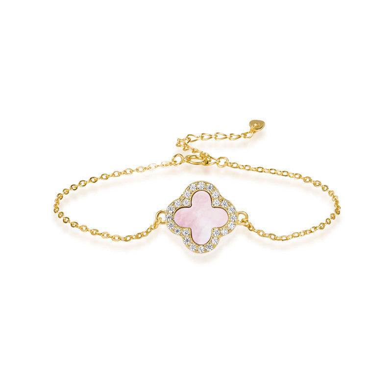 Collier Rose Luxe raffiné en argent 925 plaqué or 18k, avec 1 trèfle nacré et zircons étincelants