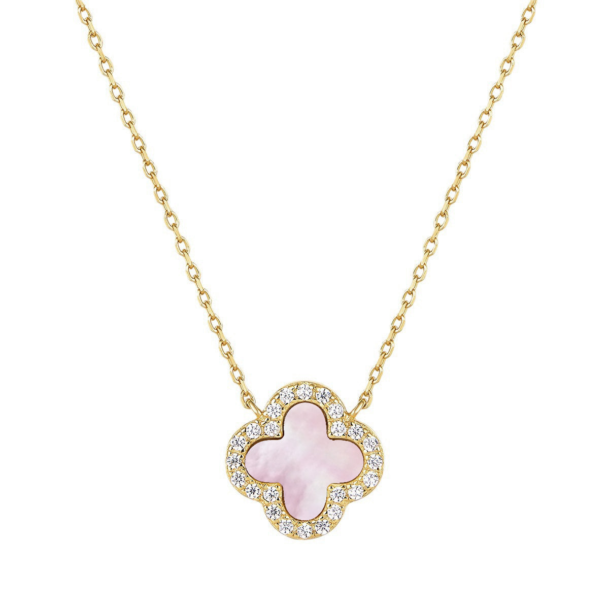 Collier Rose Luxe raffiné en argent 925 plaqué or 18k, avec 1 trèfle nacré et zircons étincelants