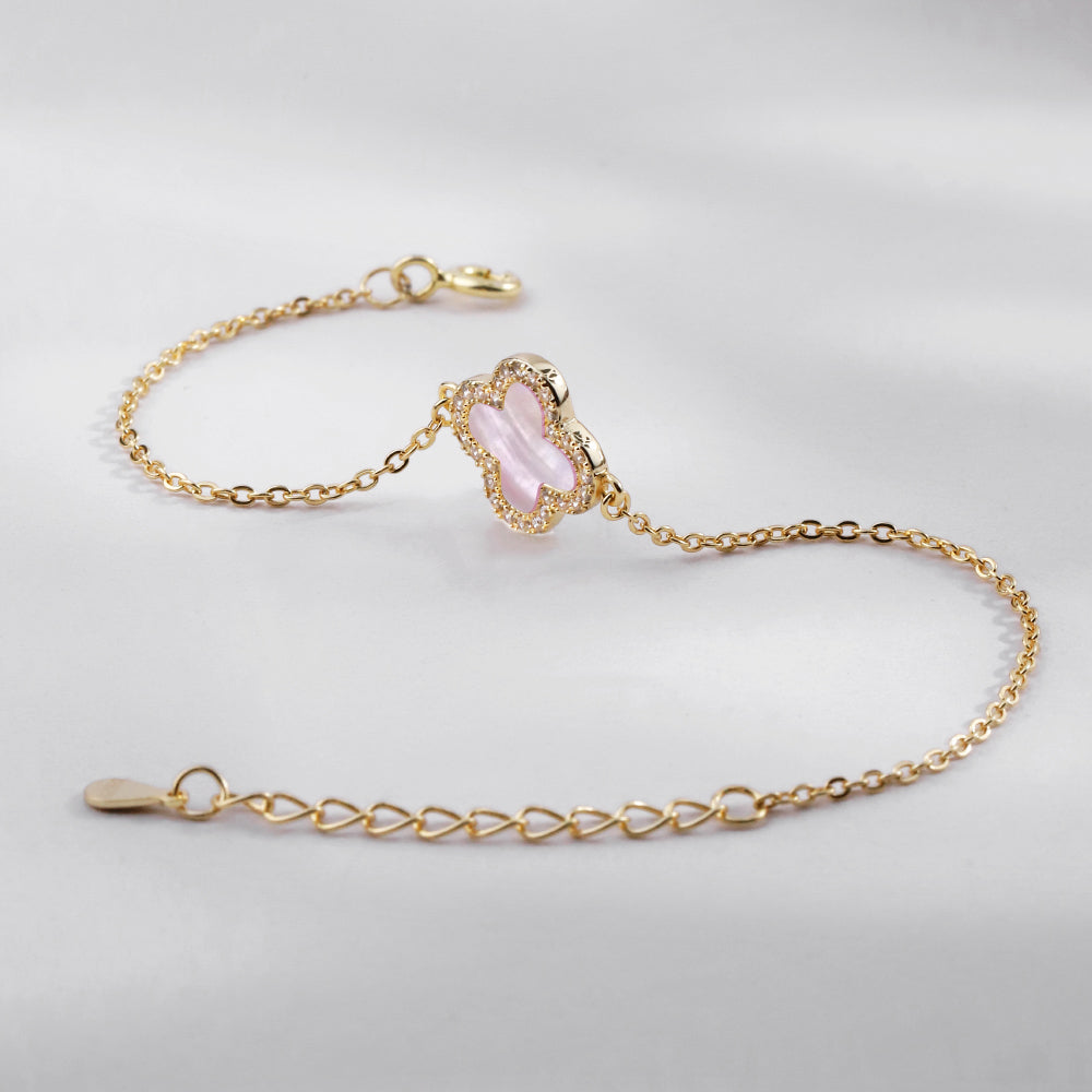 Bracelet - Luxe raffiné en argent 925 plaqué or 18k, avec trèfles rose nacré et zircons étincelants !