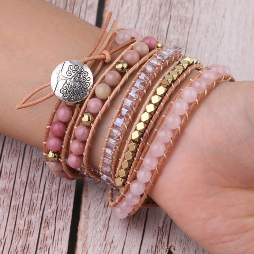 Bracelet multi-rangs quartz rose