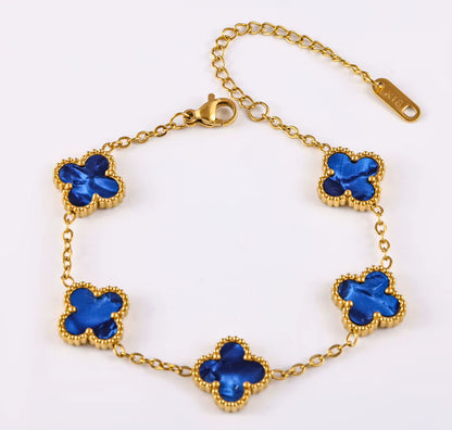 Bracelet Bleu Rayonnant en base argent 925 et plaqué or 18k, trèfles nacrés étincelants