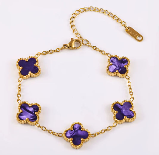 Bracelet Violet en base argent 925 et plaqué or 18k, trèfles nacrés étincelants