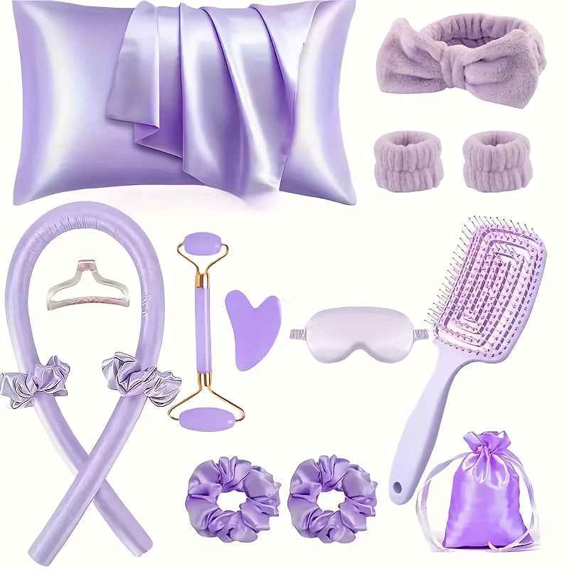 Kit Beauté 15-en-1 – Boucles Sans Chaleur + Massage Visage + Accessoires Sommeil Satin