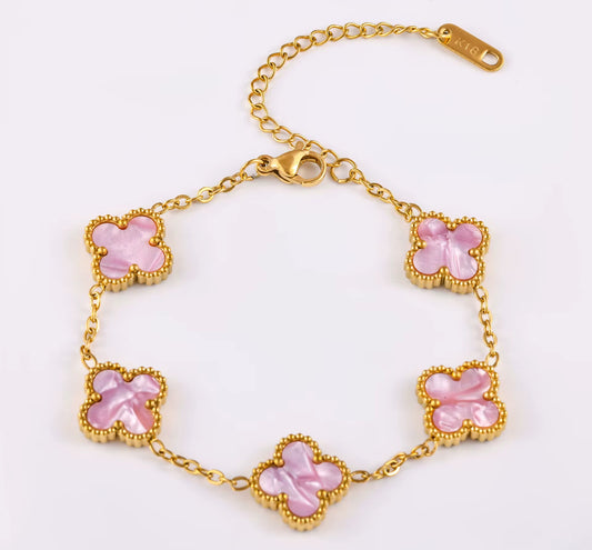 Bracelet Rose en base argent 925 et plaqué or 18k, trèfles nacrés étincelants