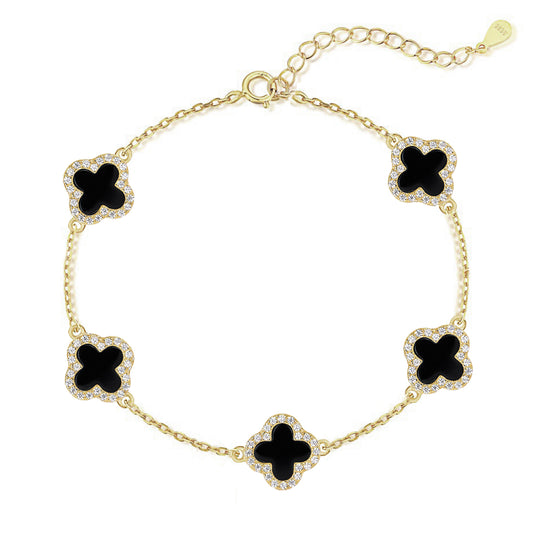 Bracelet - Luxe raffiné en argent 925 plaqué or 18k, avec trèfles noir nacré et zircons étincelants !