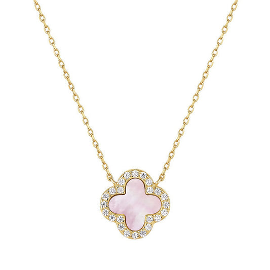 Collier Rose Luxe raffiné en argent 925 plaqué or 18k, avec 1 trèfle nacré et zircons étincelants