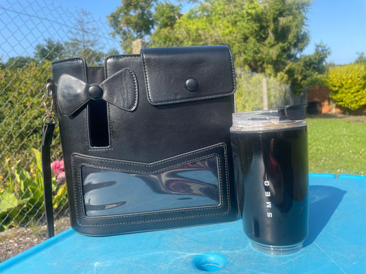 Sac noir "arrondi" sur le coté gauche avec porte-gobelet + Mug isotherme inox 240ml – Coffret cadeau tendance