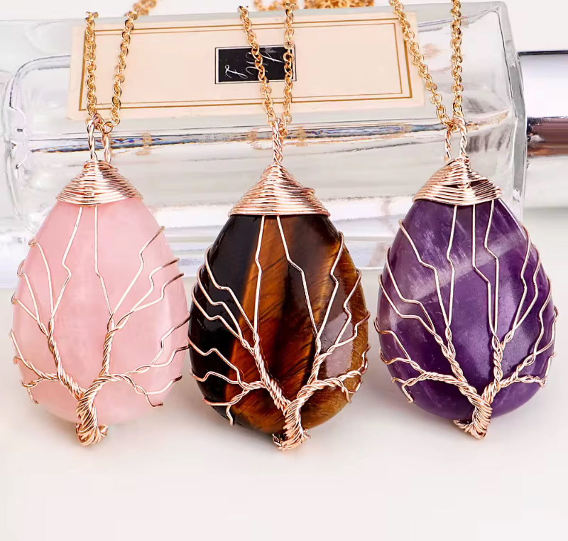 Duo Collier Arbre de Vie Améthyste & Quartz rose