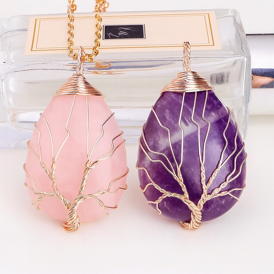 Duo Collier Arbre de Vie Améthyste & Quartz rose