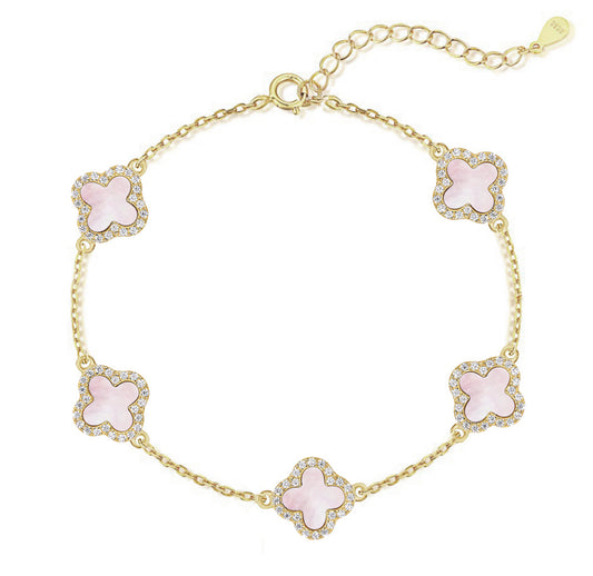 Bracelet - Luxe raffiné en argent 925 plaqué or 18k, avec trèfles rose nacré et zircons étincelants !