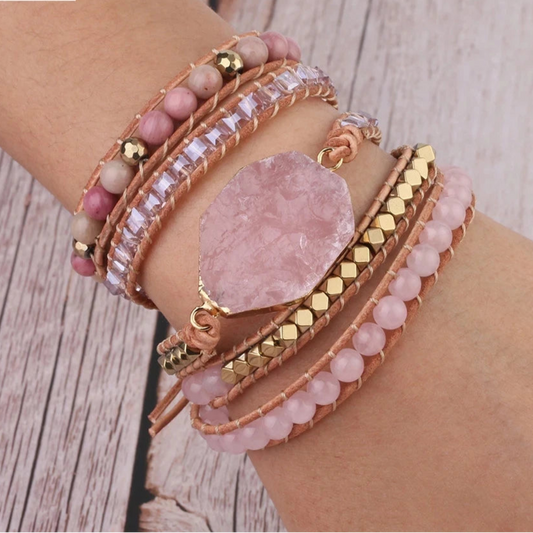 Bracelet multi-rangs quartz rose