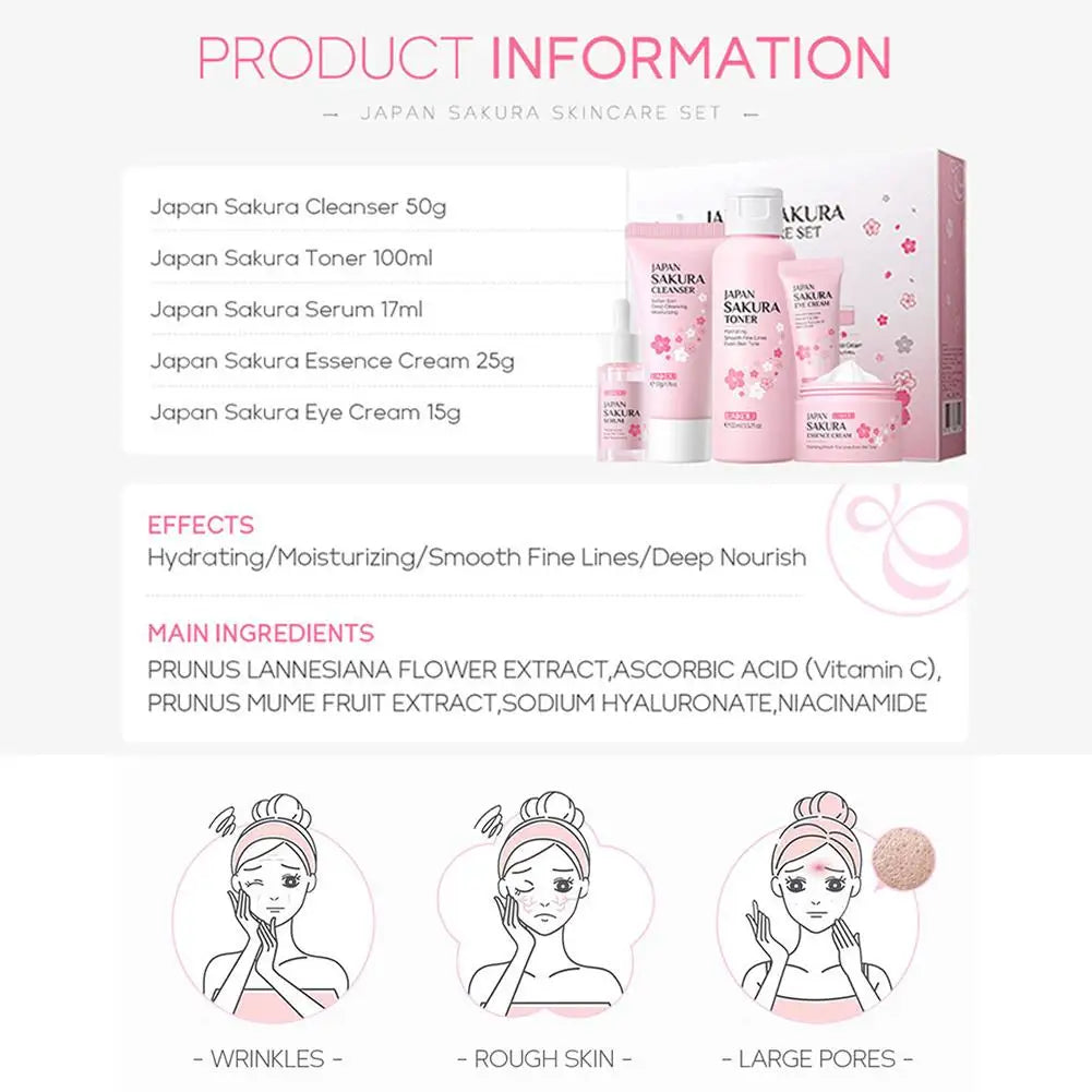 5 Set Sakura Skin Care Sets Face Cream Serum Toner Facial Cleanser Sunscreen Eye Cream Gift Box Face Skin Care Set Product
