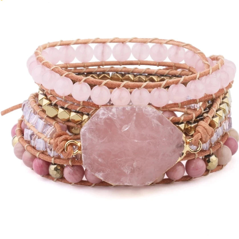 Bracelet multi-rangs quartz rose
