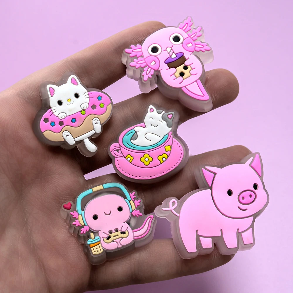 Breloques de chaussures LED roses, 1 pièce, animaux mignons, chat, cochon, arbre de noël, épingles à boucle de chaussure lumineuses pour femmes, accessoires de sabots, pendentif en jean