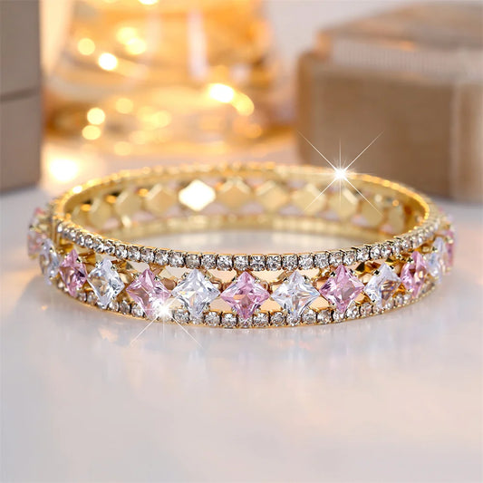 Pink Crystal White Zircon Square Stone Bangle Bracelets For Women Vintage Gold Color Fashion Rhinestone Bracelet Wedding Jewelry