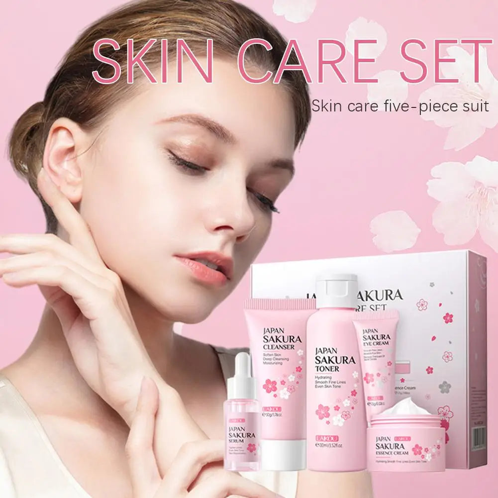5 Set Sakura Skin Care Sets Face Cream Serum Toner Facial Cleanser Sunscreen Eye Cream Gift Box Face Skin Care Set Product