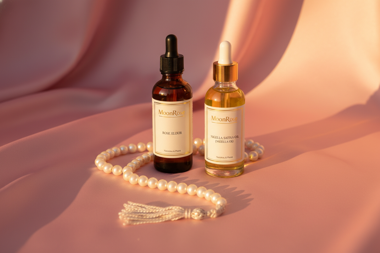 Composition élégante sur tissu rose poudré, flacons d’huiles naturelles (rose & nigelle) en verre ambré et transparent, tasbih en perles naturelles nacrées, ambiance douce, lumière chaude, style premium féminin, esthétique épurée MoonRose, rendu photographique professionnel