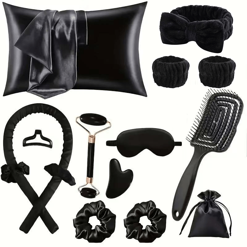 Kit Beauté 15-en-1 – Boucles Sans Chaleur + Massage Visage + Accessoires Sommeil Satin