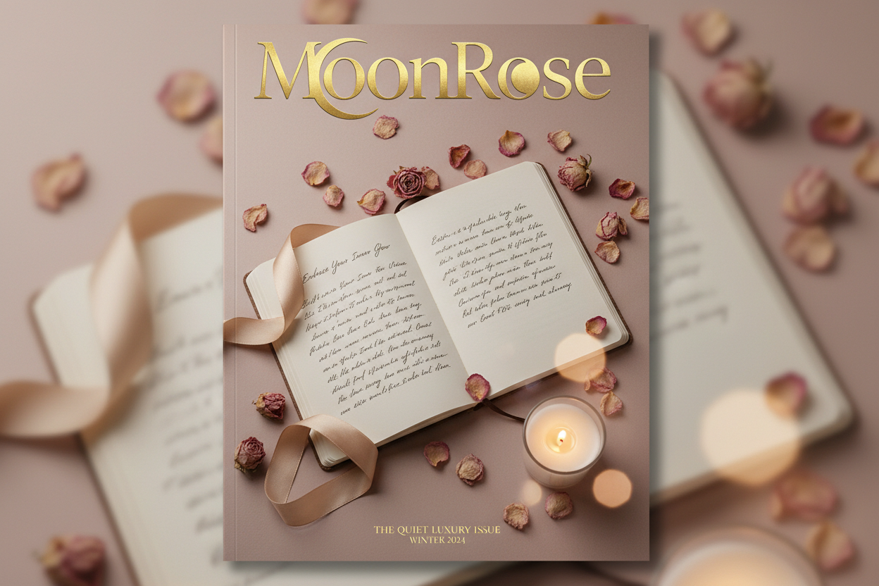 Elegant editorial cover. Soft beige and rose background. MoonRose logo in gold. Open notebook with delicate handwriting. Dried rose petals, silk ribbon, warm candle glow. Soft feminine light. Calm, spiritual, serene. Luxury wellness aesthetic. High-end boutique energy.
