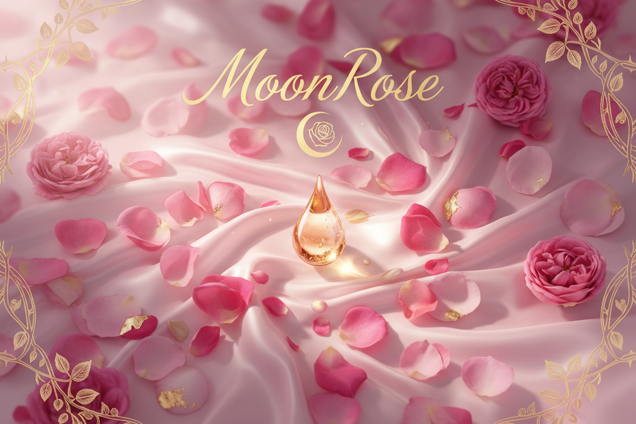 Luxurious rose-inspired cover. Pink and gold tones. A drop of rose oil on a soft silk fabric. Damask rose petals scattered. MoonRose logo in gold foil. Feminine, poetic, nurturing energy. Elegant, luminous, sacred beauty aesthetic.
