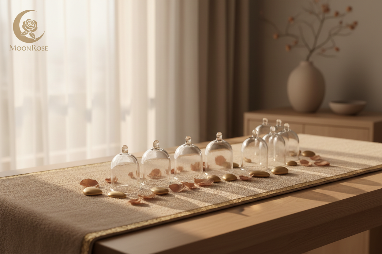Modern, clean, elegant wellness cover. Hijama cups arranged in a soft beige spa setting. Warm light, minimal lines, luxury editorial tone. Touches of gold and nude tones. MoonRose logo. Soft, reassuring, refined, holistic aesthetic.
