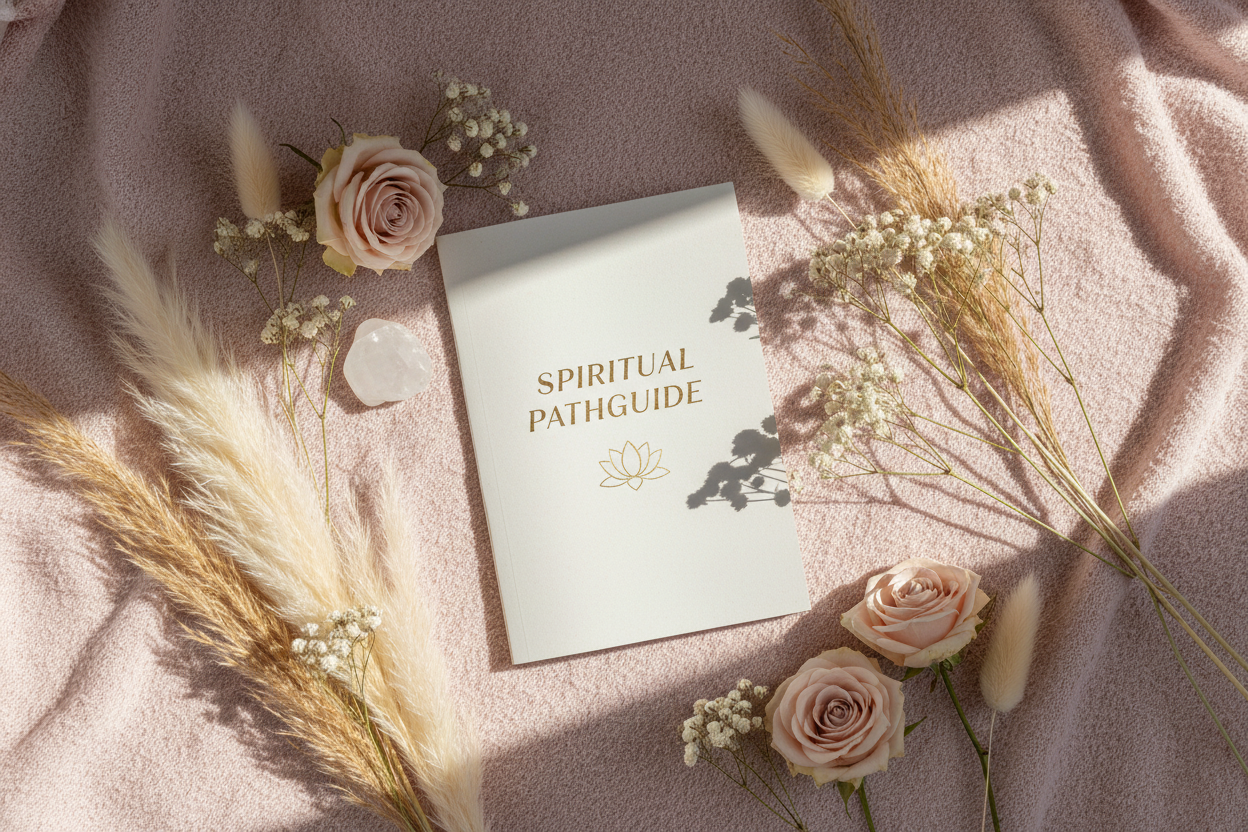 Petit guide PDF esthétique posé sur tissu rose nude, fleurs séchées, ambiance féminine douce et spirituelle.