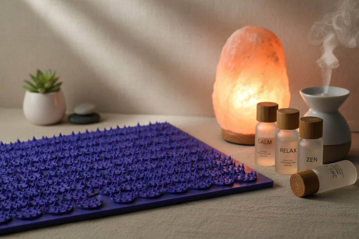 Tapis d’acupression, lampe de sel et flacons bien-être sur fond zen beige, ambiance relaxation, lumière tamisée.